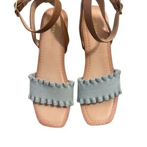 Madden Girl Women's Wooden Platform Sandals Ruffle Denim‎ Ankle Strap Size 6.5